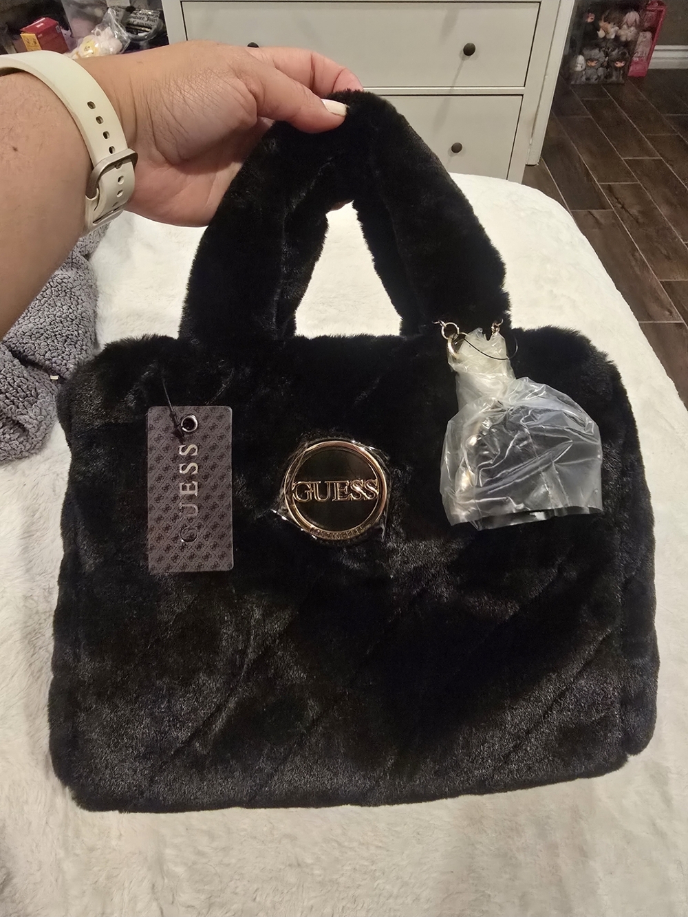 GUESS Black Faux Fur Tote with Gold Logo Accent
